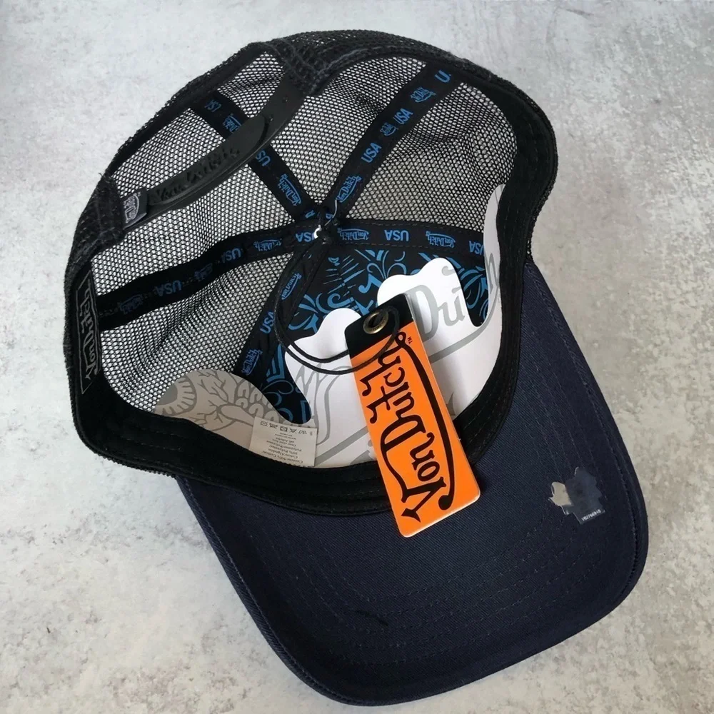 Von Dutch Trucker Hat Navy Blue Black Embroidered Logo Patch Mesh Snapback